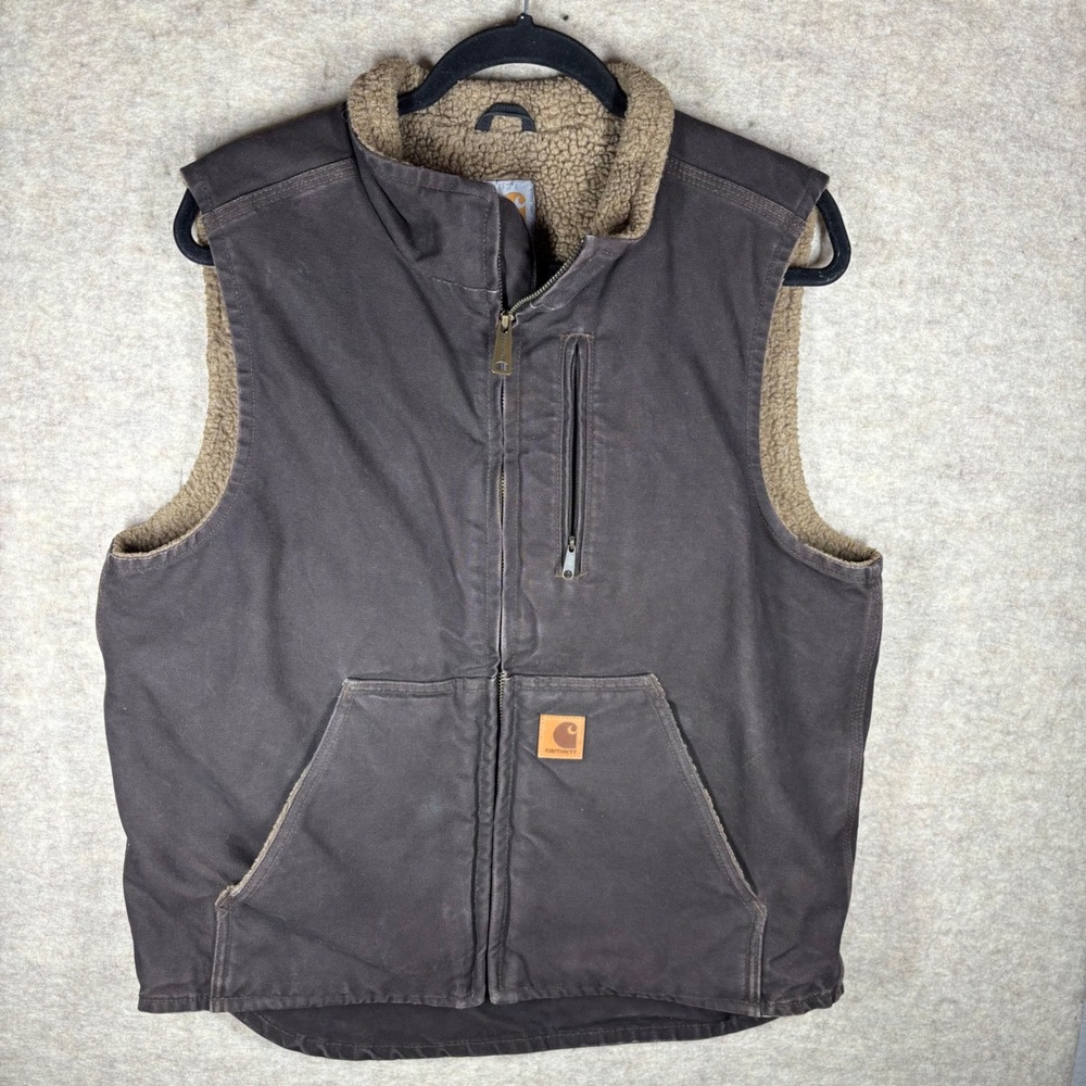 Carhartt Mens V33 DKB Mock Neck Sherpa Lined Sandstone Duck Vest Brown Medium